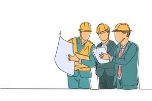 One continuous line drawing of young architect, manager and engineer meeting at building construction site. Building architecture business concept. Single line draw design illustration vector