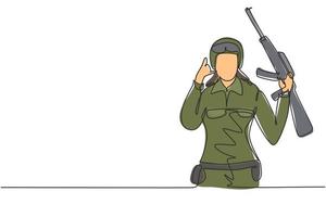 Soldado de dibujo de línea continua única con gesto de llamada, arma y uniforme está listo para defender el país en el campo de batalla contra el enemigo. Ilustración de vector de diseño gráfico de dibujo de una línea dinámica