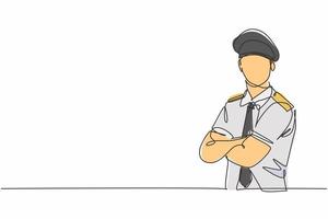 Single continuous line drawing of young male pilot posing cross his arm on chest before flight. Professional work job occupation. Minimalism concept one line draw graphic design vector illustration