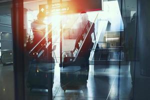 Silhouettes of businessman at the airport who waits for boarding. Double exposure photo