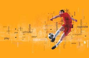 Football scene of a soccer player in action. Text effect in overlay with the most used terms. Abstract background photo