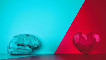 Comparison between reason and feeling. Faceted brain and heart on a two tone background. 3D Rendering photo