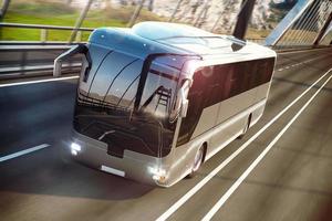Realistic image of grey bus on the road. Business Travel Concept. Road bridge 3D rendering photo