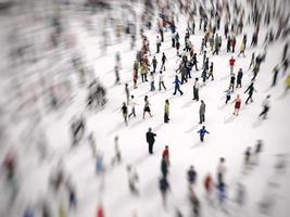 Fast zoom focus on a large group of people on white background. 3D Rendering. photo