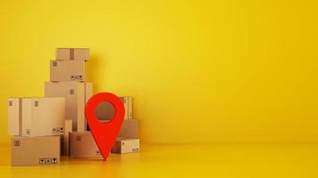 Pile of cardboard boxes on the floor on a yellow background with a red geo tag photo