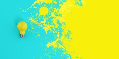 amarillo bombilla con rociar efecto en cian antecedentes. concepto de creatividad y idea foto