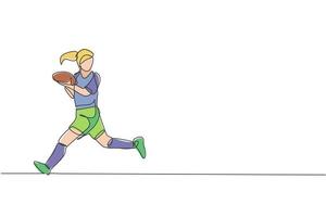 un joven jugador de rugby de dibujo de línea continua corre y atrapa la pelota. concepto de deporte agresivo competitivo. ilustración gráfica de vector de diseño de dibujo de línea única dinámica para cartel de promoción de torneo