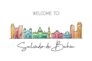 Single continuous line drawing of Salvador de Bahia skyline, Brazil. Famous city scraper landscape. World travel postcard print concept. Editable stroke modern one line draw design vector illustration