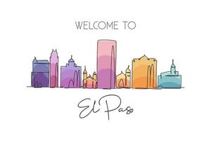 One single line drawing of El Paso city skyline, Texas. Historical town landscape. Best holiday destination home wall art decor poster print. Trendy continuous line draw design vector illustration