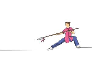 un dibujo de línea continua de una joven maestra de wushu guerrera de kung fu en kimono con lanza en entrenamiento. concepto de concurso deportivo de artes marciales. Ilustración gráfica de vector de diseño de dibujo de línea única dinámica