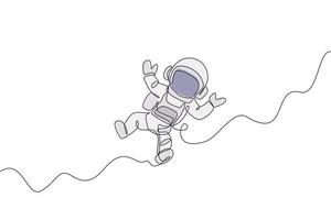 One continuous line drawing of young astronaut scientist exploring outer space in retro style. Spaceman cosmos discovery concept. Dynamic single line draw graphic design vector illustration