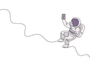 Single continuous line drawing of floating science astronaut in spacewalk pose selfie using smartphone. Fantasy deep space exploration, fiction concept. Trendy one line draw design vector illustration