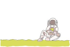 One continuous line drawing of young spaceman on spacesuit siting relax on moon surface while texting. Astronaut business office with deep space concept. Single line draw design vector illustration