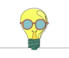 Single continuous line drawing of light bulb with round old glasses logo label. Smart bright company icon label concept. Trendy one line draw graphic design vector illustration