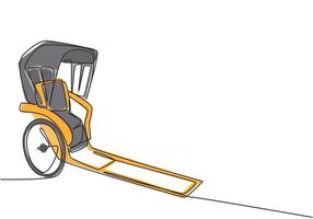 Continuous one line drawing pulled rickshaw vehicles that are a part of history in China and Japan with two wheels and being towed by humans. Single line draw design vector graphic illustration.