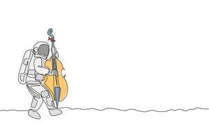 Single continuous line drawing of astronaut cellist playing cello musical instrument on moon surface. Outer space music concert concept. Trendy one line draw design vector graphic illustration