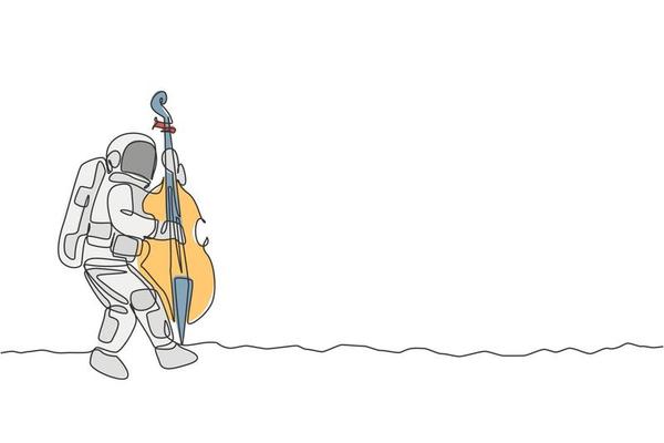 Single continuous line drawing of astronaut cellist playing cello musical instrument on moon surface. Outer space music concert concept. Trendy one line draw design vector graphic illustration