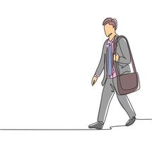 One single line drawing of young male manager walking relax on city street to go to the office while holding document. Urban commuter worker concept continuous line draw design vector illustration