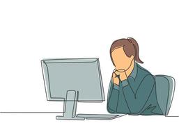 Single continuous line drawing of young female manager sitting calmly in front of laptop and thinking business strategy at the office. Business idea concept one line draw design vector illustration