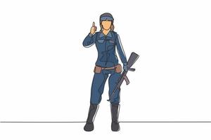 Dibujo de línea continua única mujeres soldados de pie con armas, uniformes, gestos de pulgar hacia arriba que sirven al país con la fuerza de las fuerzas militares. Ilustración de vector de diseño gráfico de dibujo de una línea