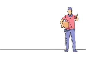 Continuous one line drawing delivery man stands with thumbs-up gesture, carrying package box that the customer has ordered to be delivered safely. Single line draw design vector graphic illustration.