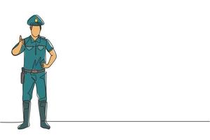 Continuous one line drawing policeman standing with a thumbs-up gesture and in full uniform works to control vehicle traffic on the highway. Single line draw design vector graphic illustration.