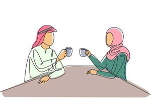 Single continuous line drawing young Arabian couple holding a cup of hot coffee, preparing toast to celebrate success of office work project. Dynamic one line draw graphic design vector illustration