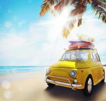 Start summertime vacation with an old car on the beach. 3d rendering photo