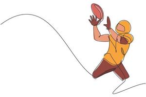 Single continuous line drawing of young agile man american football player exercising to catch the ball for competition media. Sport exercise concept. Trendy one line draw design vector illustration