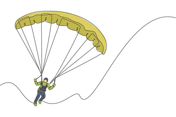 One continuous line drawing of young bravery man flying in the sky using paragliding parachute. Outdoor dangerous extreme sport concept. Dynamic single line draw design vector graphic illustration