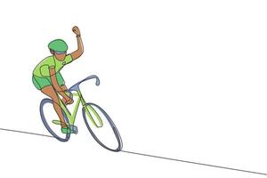 One continuous line drawing of young sporty man bicycle racer wave hand to supporters. Road cyclist concept. Dynamic single line draw design graphic vector illustration for cycling competition poster