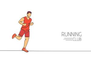 One continuous line drawing of young man athlete runner run relax. Individual sport, competitive concept. Dynamic single line draw design vector graphic illustration for running competition poster