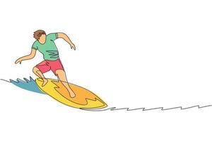 One continuous line drawing young happy tourist surfer exercising surfing on wavy ocean. Healthy extreme watersport concept. Summer holiday. Dynamic single line draw design vector illustration graphic