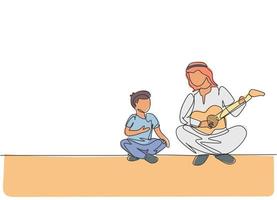 un solo dibujo de línea del joven padre árabe tocando la guitarra y cantando junto con su hijo ilustración vectorial. feliz concepto de crianza de los hijos de la familia musulmana islámica. diseño moderno de dibujo de línea continua vector