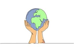 Single one line drawing of man holding global earth. Save nature icon silhouette concept. Infographics, green environment campaign isolated on white background. Design vector graphic illustration