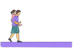 Single continuous line drawing of young dad talking to his daughter while carrying her on back go to the bed room, happy parenting. Family loving care concept. One line draw design vector illustration