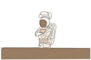 Un solo dibujo de línea continua del chef astronauta cruza las manos sobre el pecho, posa elegante en el café del espacio exterior. concepto de cocina de restaurante saludable. Ilustración de vector gráfico de diseño de dibujo de una línea de moda