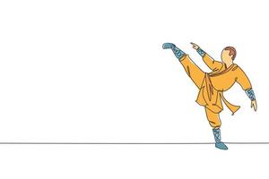 un solo dibujo de línea joven enérgico monje shaolin hombre ejercicio kung fu luchando en el gráfico de ilustración vectorial del templo. antiguo concepto de deporte de arte marcial chino. diseño moderno de dibujo de línea continua vector