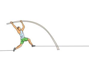 One continuous line drawing of young sporty man practicing pole vault stance jump in the field. Healthy athletic sport concept. Championship event. Dynamic single line draw design vector illustration