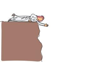 Continuous one line drawing of young Arab male worker lay down on cliff to help his colleague. Success business manager minimalist metaphor concept. Single line draw design vector graphic illustration