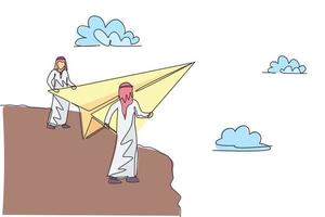 Continuous one line drawing two young Arab male workers fly paper plane from top of mountain. Success business managers minimalist metaphor concept. Single line draw design vector graphic illustration