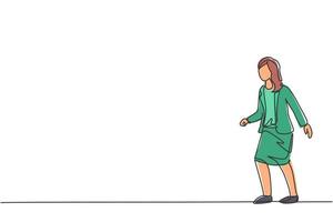 Single continuous line drawing young female manager walking with confidence. Professional businesswoman focus to reach goal. Minimalism concept dynamic one line draw graphic design vector illustration