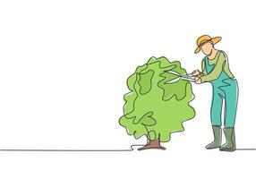 Un solo dibujo de una línea de un joven agricultor cortó las hojas del árbol con unas tijeras para plantas. concepto minimalista de desafío agrícola. Ilustración de vector gráfico de diseño de dibujo de línea continua moderna.