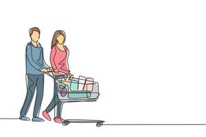 One continuous line drawing young happy romantic couple pushing trolley full of daily goods, vegetables, fruits, milk together. Shopping in grocery store concept. Single line draw design illustration vector