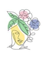 One continuous line drawing minimalist beauty nature cosmetic hairstyle. Flower bouquet in woman head abstract face concept. Wall decor print. Single line art draw design graphic vector illustration