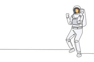 Single one line drawing female astronaut stands with celebrate gesture wearing space suit exploring earth, moon, other planets in the universe. Continuous line draw design graphic vector illustration
