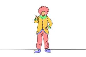 Continuous one line drawing clown stands with a thumbs-up gesture wearing wig and clown costume ready to entertain the audience in the circus arena. Single line draw design vector graphic illustration