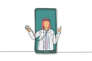 Un solo médico árabe de dibujo de línea continua sale de la pantalla del teléfono inteligente con un estetoscopio. servicios médicos online, consulta médica. Ilustración de vector de diseño gráfico de dibujo de una línea