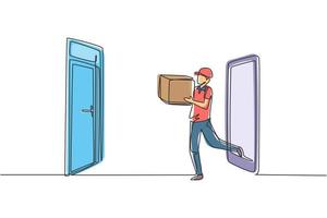 Single continuous line drawing male courier comes out of the smartphone screen while carrying package box to customer's door. Online delivery service. One line draw graphic design vector illustration