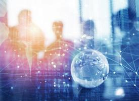 Businessmen that work together in office with global network connection effect. Concept of teamwork and partnership. double exposure photo